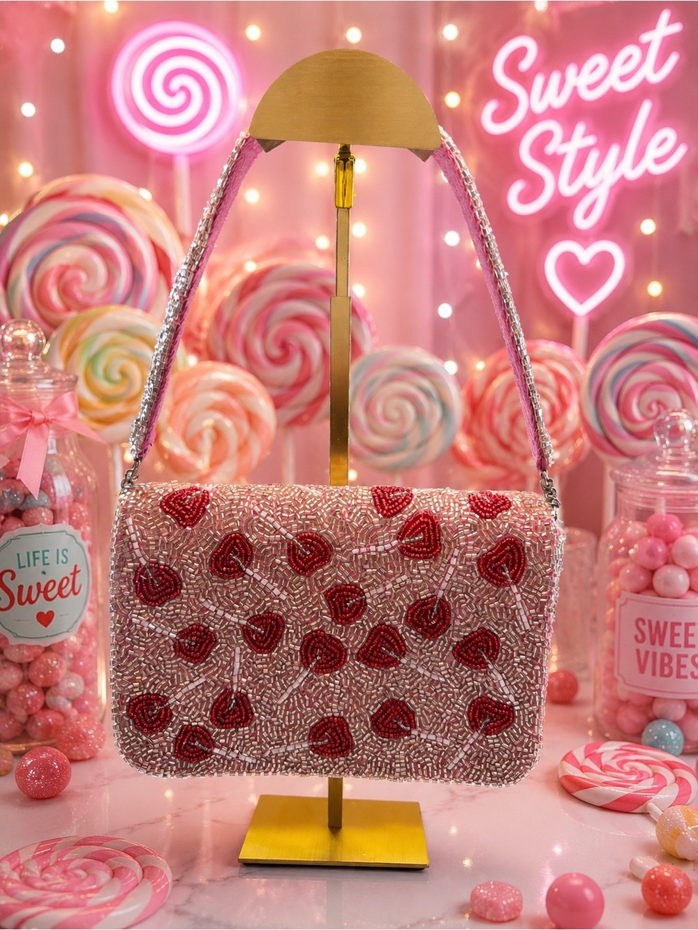 🍒 Beaded Cherry Shoulder Bag – Pink Handmade Handbag | Made in India
